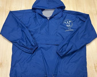 Chaqueta cortavientos vintage para hombre, talla L, azul, con capucha, anorak, cortavientos con cremallera de 1/4, fabricado en EE. UU.