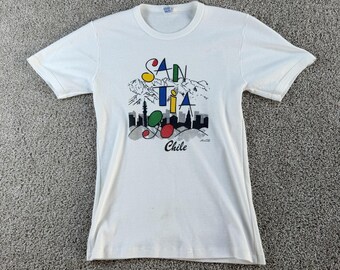 Vintage 70s Santiago Chile YAT Shirt Men Medium White Skyline Travel Tee T-Shirt