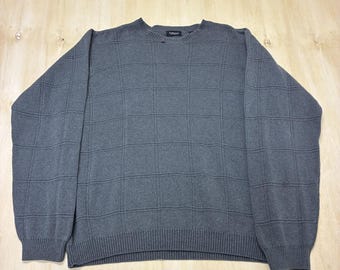 Y2K Van Heusen Sweater Mens Medium Gray Tight Knit Geometric Crewneck Pullover