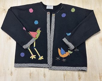 Cardigan vintage Scott August da donna, taglia XL, nero, con applicazioni a forma di pollo e bottoni