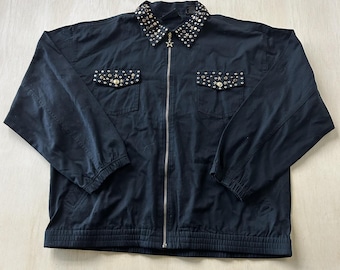 Vintage EVR Bomber Jacket Womens XL Black Cotton Studded Star Punk Collar Zip