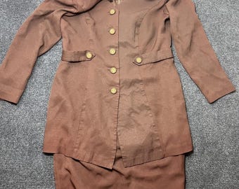 Vintage Perceptions By Irene B. Skirt Suit Womens 12 Brown Gold Button Jacket