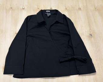 Y2K Notations Blouse Womens L Black Collared Long Sleeve Wrap Side Tie Stretch