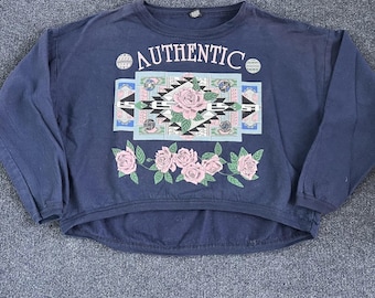 Vintage Tompkins Ave Sweatshirt Womens One Size Blue Authentic Floral Roses 80s