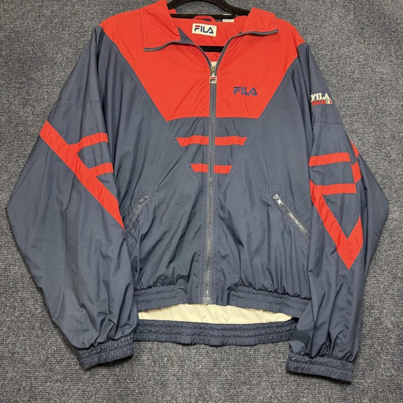 Vintage jaren 90 FILA windjack heren med blauw rood full zip colorblock Italia afbeelding 1