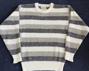 Vintage St. John's Bay Sweater Mens Medium Gray Striped Waffle Knit Crewneck