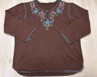 Vintage Floral Embroidered Sweater Women Large Brown Round Neck Raglan Knit Boho