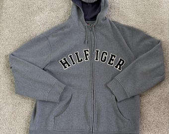 Felpa con cappuccio Tommy Hilfiger Y2K da uomo, taglia L, in pile, con zip intera e logo ricamato.