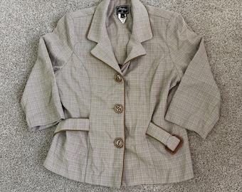 Vintage Sweet Suit Blazer Jacket Womens 14 Beige Check Belted 3 Button Career