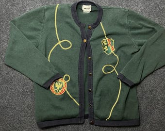 Vintage Leslie Fay Cardigan Sweater Womens Med Green Crewneck Crest Embroidered