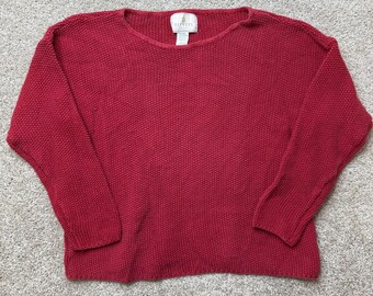 Jersey Vintage Express para mujer, talla grande, rojo, cuello barco, manga murciélago, ramio de punto grueso.