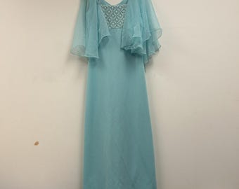 Vintage 70s Miss Rubette Dress Womens 12 Blue Chiffon Maxi Sheath Flutter Formal