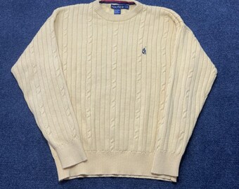 Vintage 90s Nautica Sweater Mens Large Yellow 100% Cotton Cable Knit Crewneck
