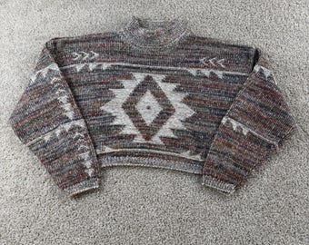 Vintage Mixed Blues Sweater Womens Medium Multicolor Mock Neck Aztec Chunky-Knit