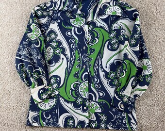Vintage 60s Glenbrooke Button Up Shirt Womens Small Blue Floral Psychedelic