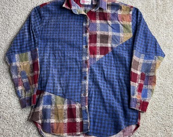 Vintage Pennylane Flannel Womens Medium Patchwork Plaid Long Sleeve Button Up