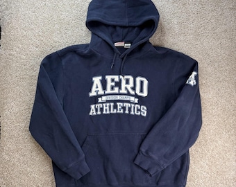 Y2K Aeropostale Hoodie Mens Large Blue Fleece Pullover Aero Athletics Sweatshirt