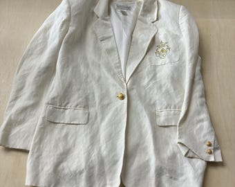 Vintage Casual Corner Blazer Jacket Womens 12 White Linen Blend Crest Lined