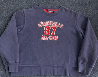 Y2K Aeropostale Sweatshirt Womens Large Blue Fleece 87 All-Star Logo Crewneck