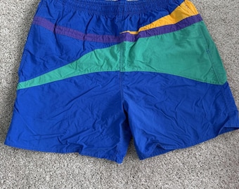 Calção de banho vintage colorblock masculino tamanho XL com forro de tela multicolorido para praia.