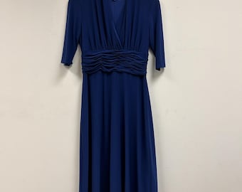 Vintage Evan Picone Dress Womens 10 Blue Ruched Fit & Flare V Neck Half Sleeve