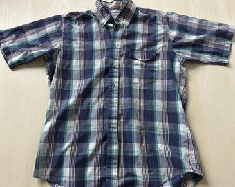 Vintage The Fox Collection Shirt Mens LT Blue Plaid Short Sleeve Button Up