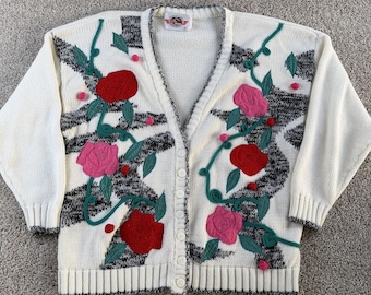 Vintage Extra Touch Cardigan Sweater Womens Large Rose Embroidered Chunky-Knit