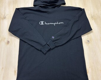 Vintage Champion Hoodie Mens XL Black Script Logo Sweatshirt USA Lightweight