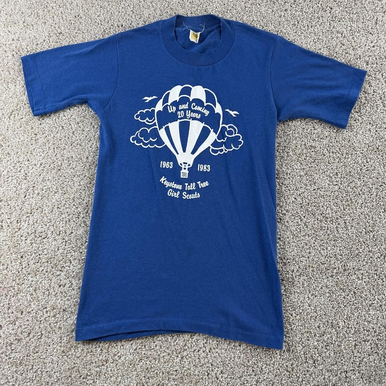 Vintage 80s Girl Scouts Velva Sheen Shirt Mens Small Blue Balloon Tee T-Shirt image 1