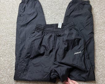 Y2K Fila Track Pants Mens Medium Black Nylon Lined Elastic Waist Pockets Gym