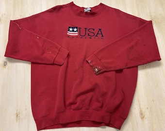 Vintage B-Wear Fleece Company Sweatshirt Mens XL Red USA Distressed Patriotic