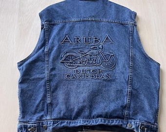 Vintage Aruba Vest Men XL Blue Denim Biker Motorcycle Emboss Dutch Caribbean USA