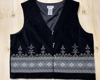 Chaleco blanco vintage con estampado de ciervo para mujer, talla XL, negro, bordado, botones, forrado, geométrico.