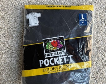 Vintage 90s Fruit Of The Loom Shirt Mens Large Black Pocket Tee Golden Blend