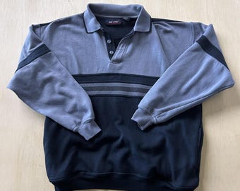 Vintage ON LINE Polo-Shirt Herren Large Blau Colorblock Langarm Strick Casual