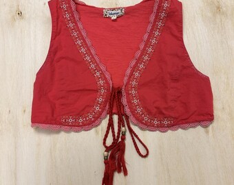 Vintage Lulumari Blouse Womens Large Red Embroidered Lace Trim Cropped Vest Boho