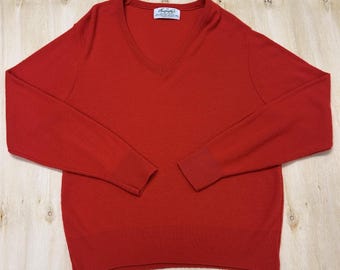 Suéter vintage Haymaker para hombre, talla grande, rojo, cuello en V, punto ajustado, acrílico, fabricado en EE. UU.