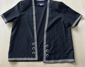 Vintage Nancy II Blouse Womens 16 Black Striped Open Front Short Sleeve Knit Top
