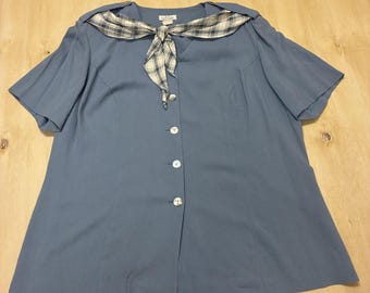 Vintage JT Collection Blouse Womens 22WP Blue Plaid Scarf Short Sleeve Top
