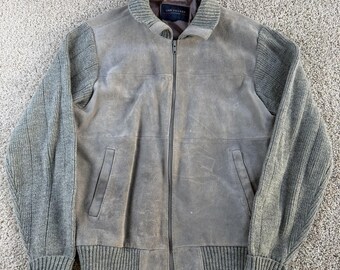 Chaqueta bomber de punto de cuero gris medio vintage Van Heusen para hombre, con cremallera completa.