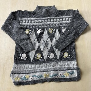 ヴィンテージ セグエ セーター レディース M グレー モックネック 花柄 アーガイル ビーズ付きニット プルオーバー