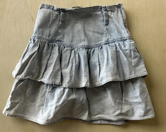 Vintage Street Worn Kjol Dam 12 Denim Layered Ruffle Layered Flare Mini USA