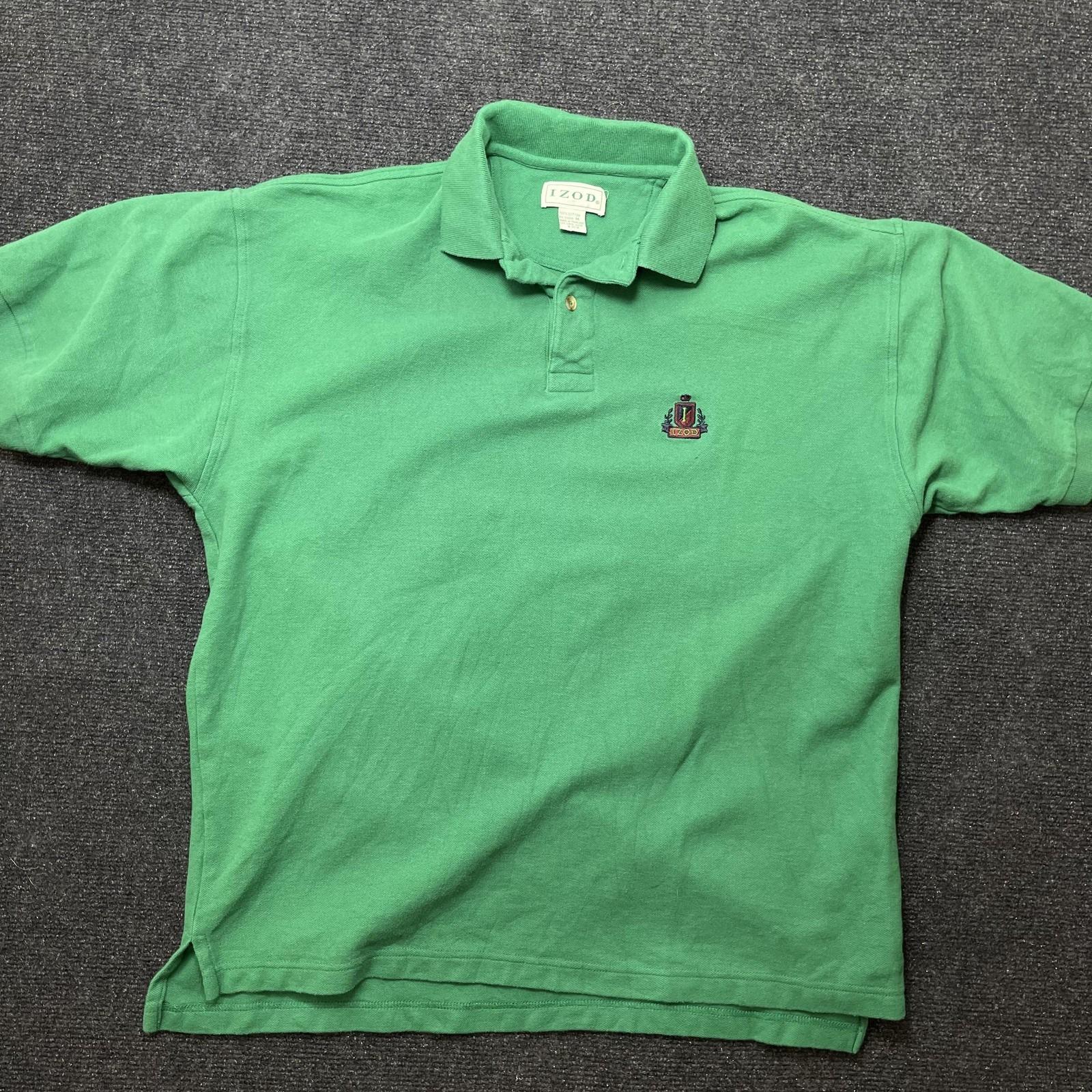 Vintage 90s IZOD Polo Shirt Mens Med Green Cotton Crest Logo Short Sleeve Knit