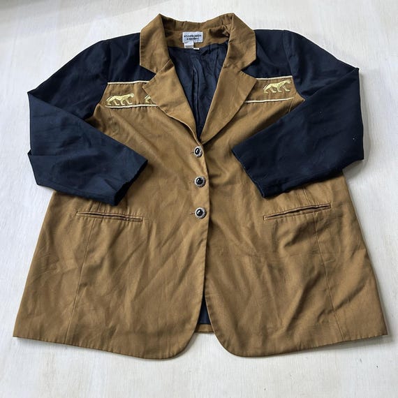 Vintage Stephanie Queller Blazer Jacket Womens 20W Brown Colorblock Animal Lined