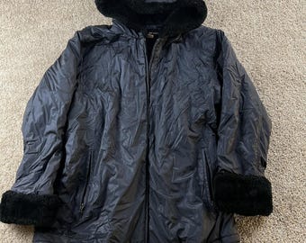 Vintage PAO Sport Jacket Womens Large Black Faux Fur Lined Hooded Zip Parka Coat