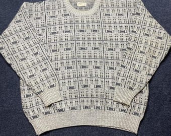 Vintage St. John's Bay Sweater Mens XL Gray Geometric Tight Knit Pullover Mexico
