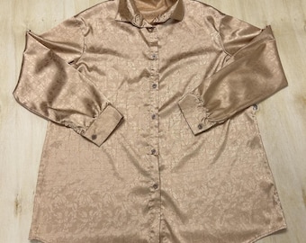 Vintage Button Up Shirt Womens XL Beige Floral Satin Long Sleeve Tunic Top