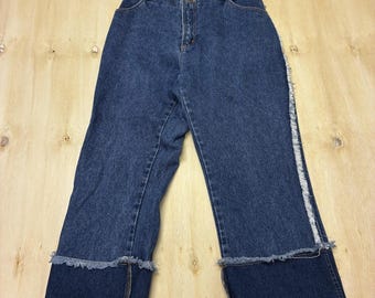 Pantalones capri rectos Vintage Cool Lady J para mujer, talla 17/30, lavado medio, talle alto, de mezclilla con flecos.