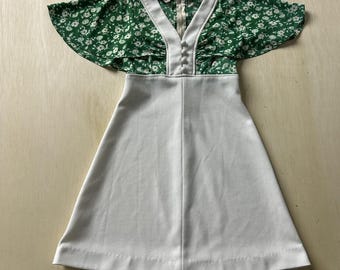 Vintage Patricia Fair Kleid Mädchen 5 Weiß Grün Floral Flatterärmel A-Line
