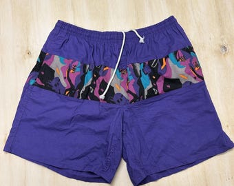 Vintage 90-tals Islander badshorts herr stora lila fodrade dragsko badbyxor strand